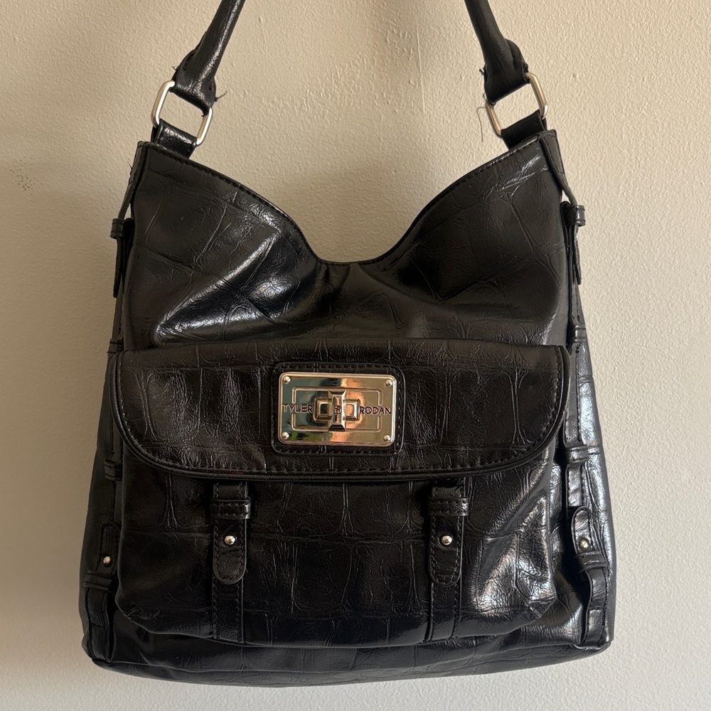 Y2K Black Croc Embossed Shoulder Bag Turn Lock Hobo Purse